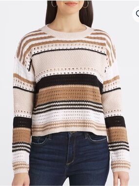 RD Style Striped Open-Knit Crewneck Sweater in White, Black & Tan